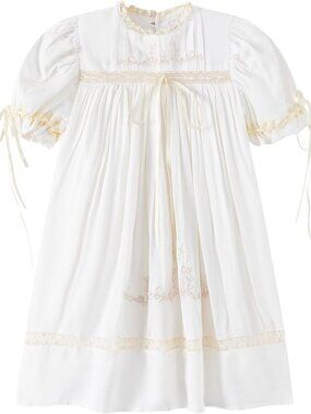 Embroidered Floral Girl Dress with Lace Collar, Puff Sleeves, Cotton Casual Wear
